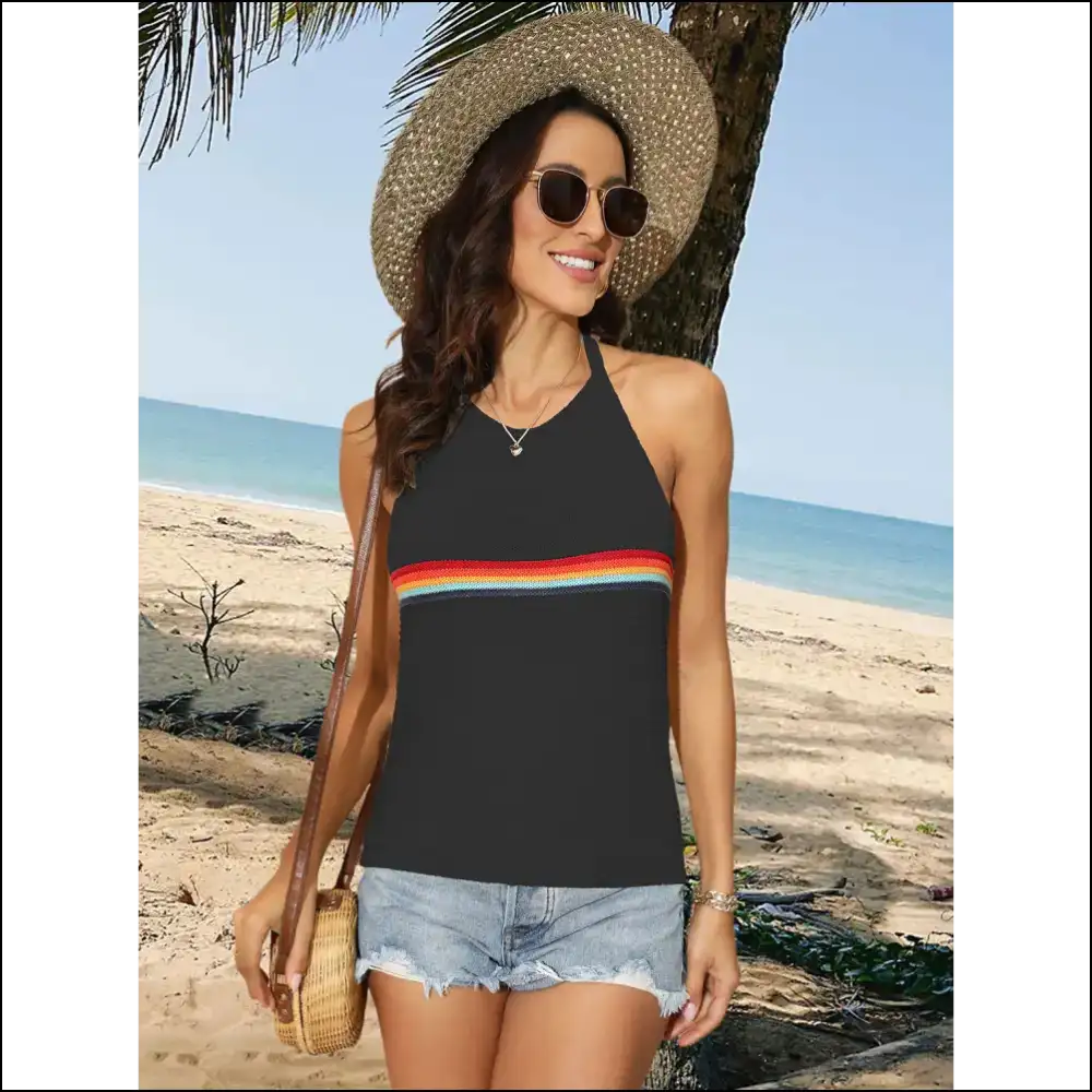 Tied Contrast Halter Neck Tank Top - Black / l - Tops on Sale Worldwide Shipping