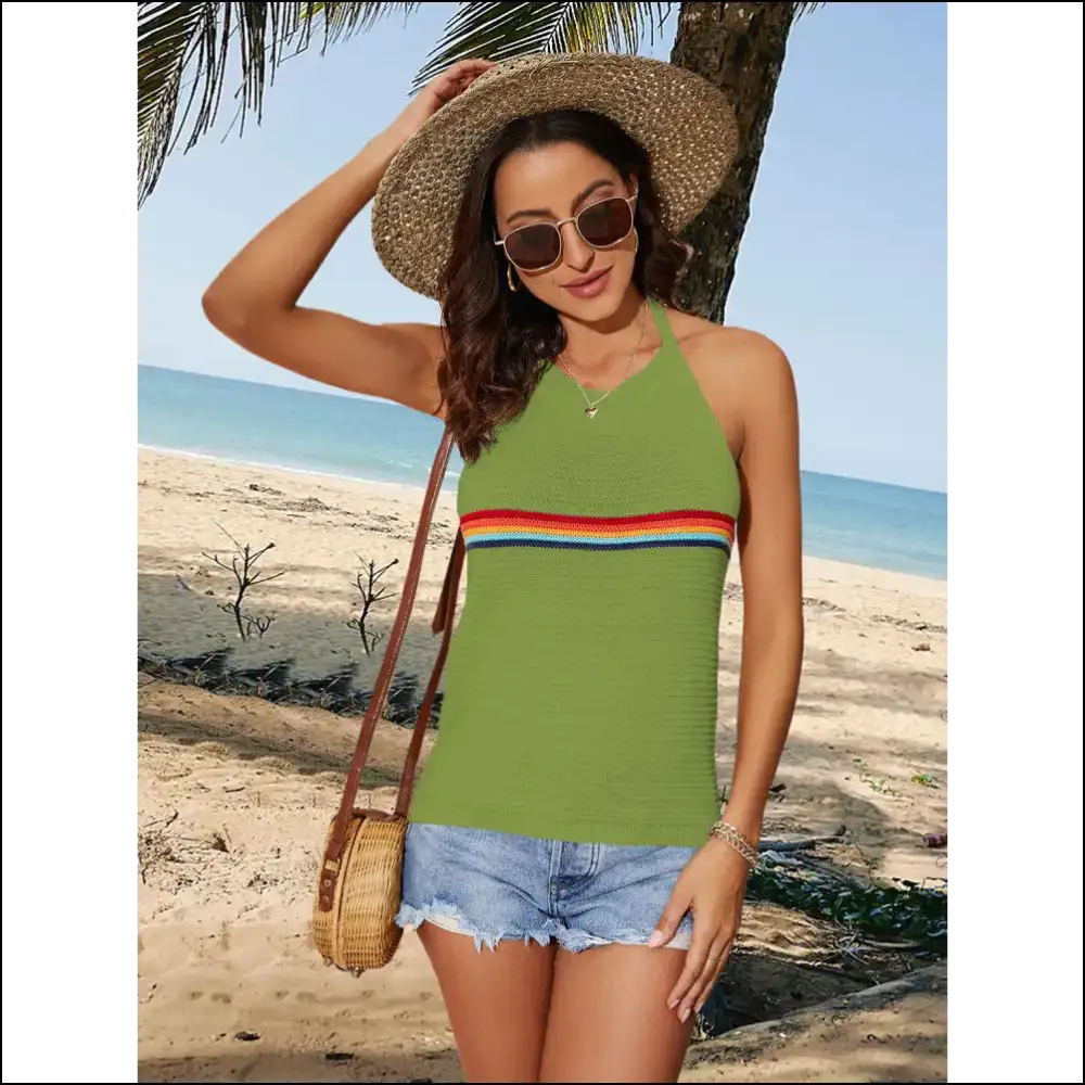 Tied Contrast Halter Neck Tank Top - Green / s - Tops on Sale Worldwide Shipping