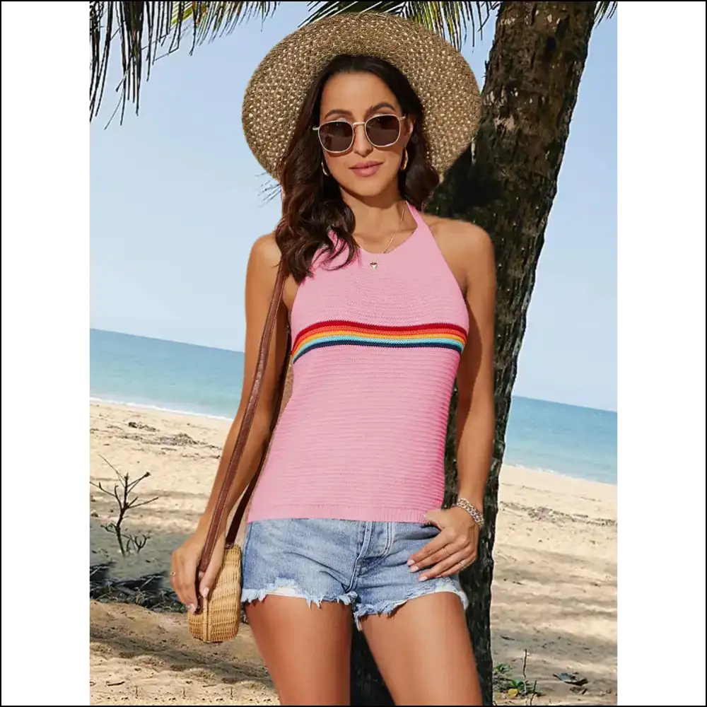 Tied Contrast Halter Neck Tank Top - Pink / s - Tops on Sale Worldwide Shipping