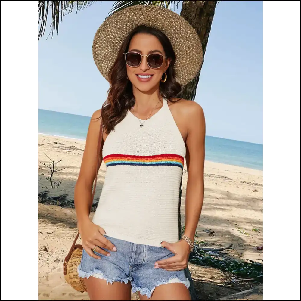 Tied Contrast Halter Neck Tank Top - White / s - Tops on Sale Worldwide Shipping
