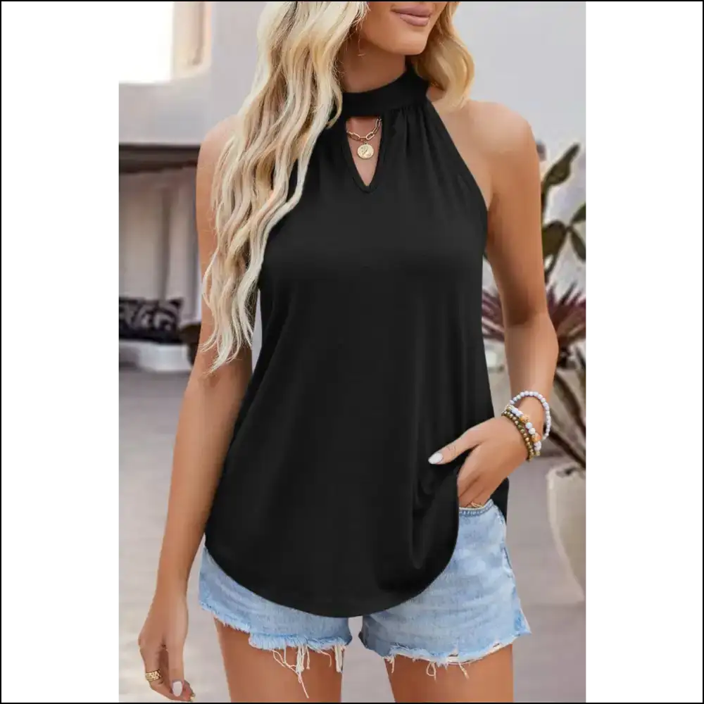 Tied Cutout Grecian Neck Tank - Black / l - Tops on Sale Worldwide Shipping
