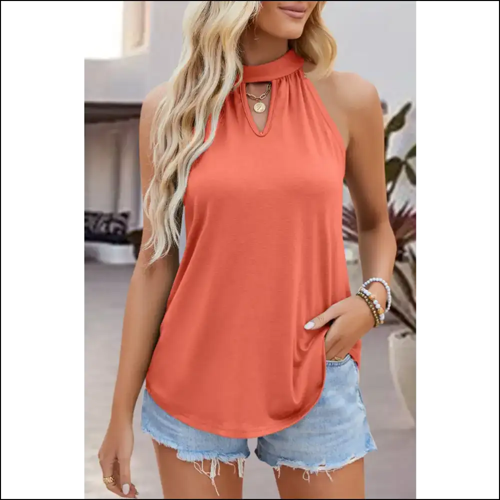 Tied Cutout Grecian Neck Tank - Orange / m - Tops on Sale Worldwide Shipping