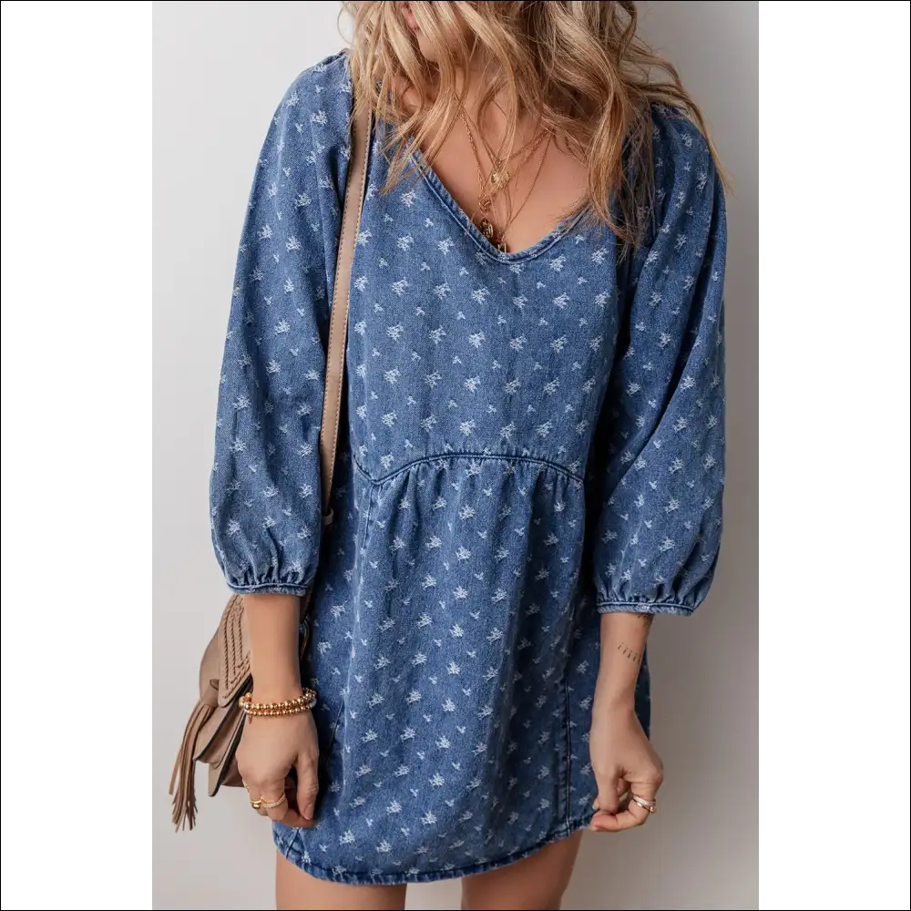Tied V-neck Mini Denim Dress - Dresses on Sale Worldwide Shipping