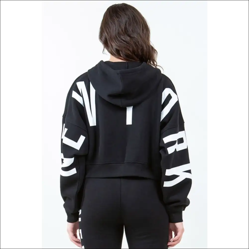 Trendy Bazi Letter Graphic Cropped Hoodie - Black / l - Hoodies Sweatshirts & on Sale Worldwide Shipping
