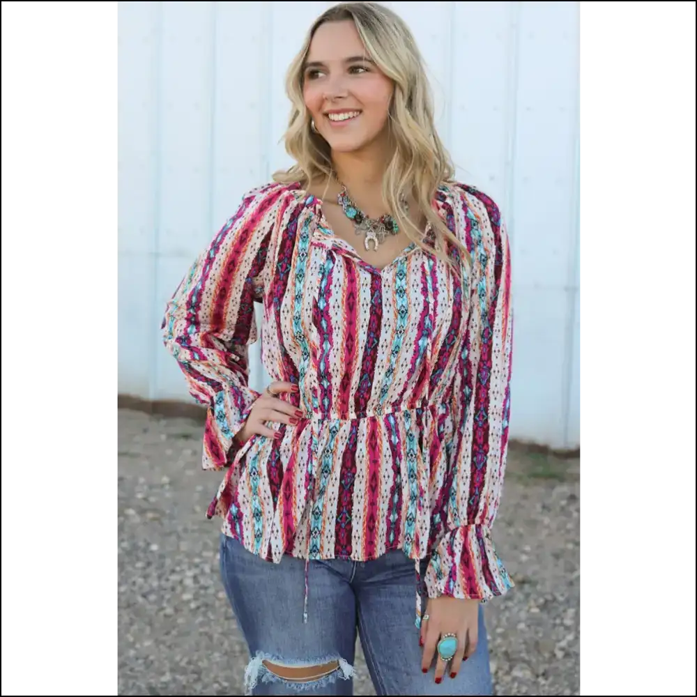 Trendy Multicolour Western Print Split Neck Peplum Blouse - Blouses on Sale Worldwide Shipping