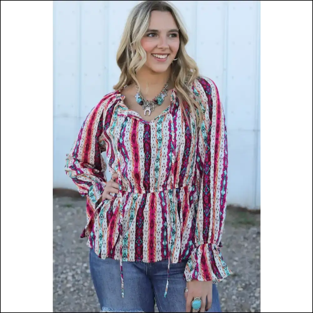 Trendy Multicolour Western Print Split Neck Peplum Blouse - Blouses on Sale Worldwide Shipping