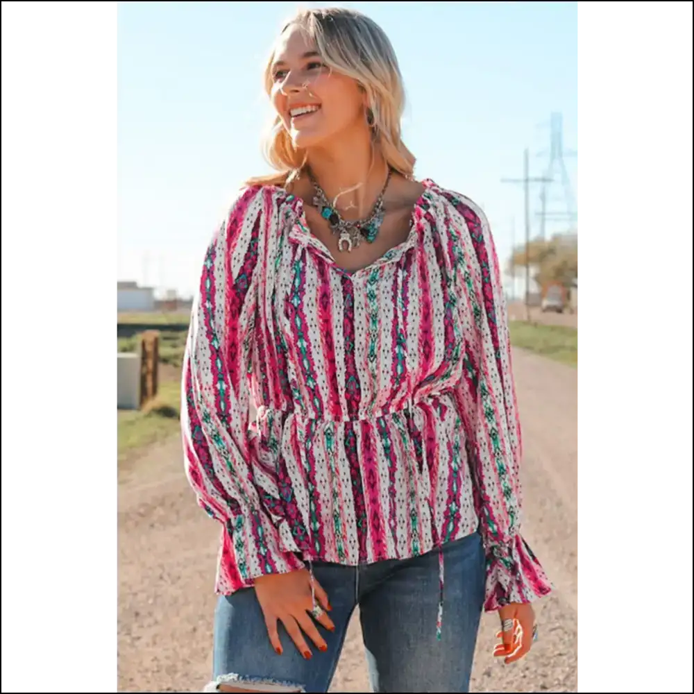 Trendy Multicolour Western Print Split Neck Peplum Blouse - Blouses on Sale Worldwide Shipping