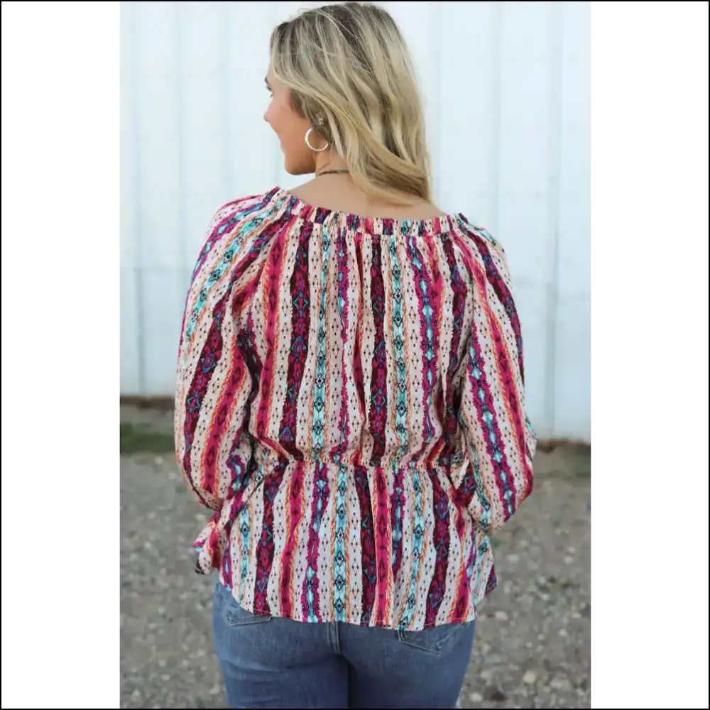 Trendy Multicolour Western Print Split Neck Peplum Blouse - Blouses on Sale Worldwide Shipping