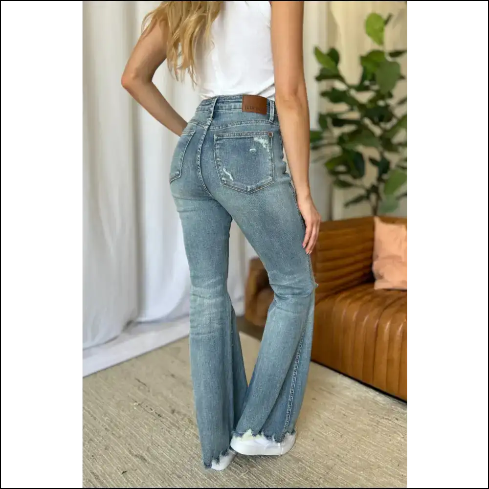 Tummy Trouble? Say Bye-bye with Judy Blue’s Destroy Flare Jeans! 😂✨ - Jeans on Sale Worldwide Shipping