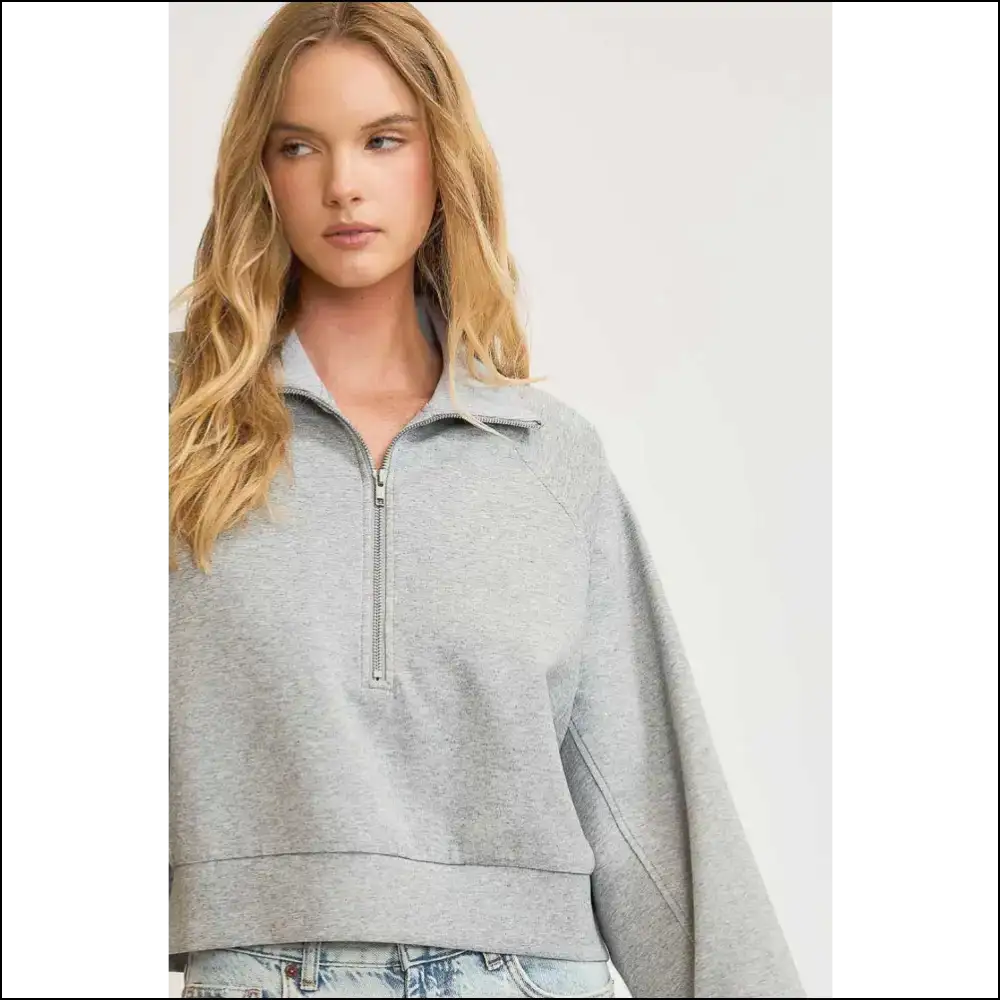 Umgee Trendy Half Zip Cropped Sweatshirt - Plus Size - Gray / 1xl - Sweatshirts & Hoodies on Sale Worldwide Shipping
