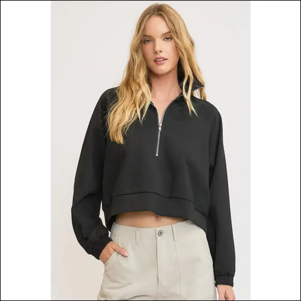 Umgee Trendy Plus Size Half Zip Cropped Sweatshirt - Black / s - Sweatshirts & Hoodies on Sale Worldwide Shipping