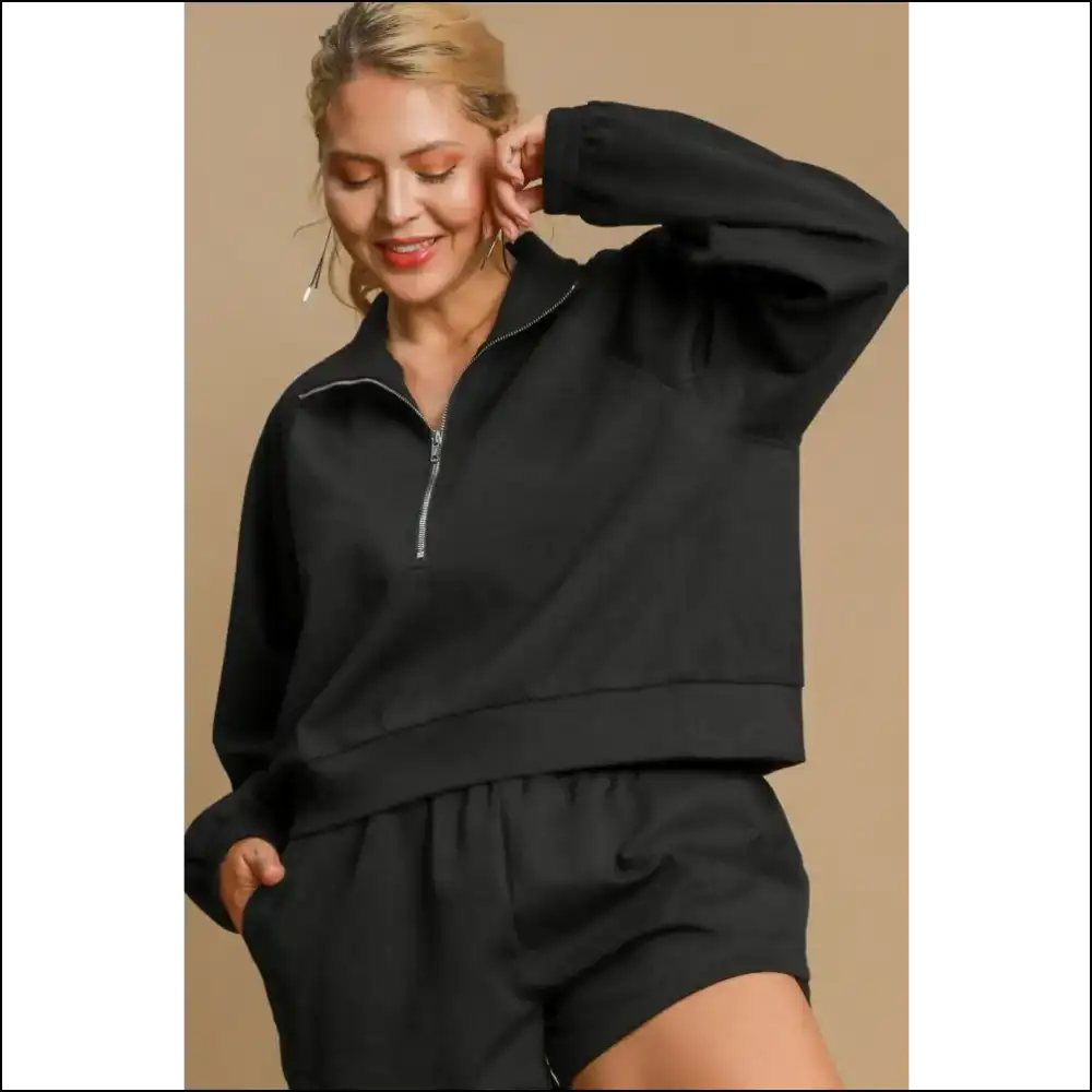 Umgee Trendy Plus Size Half Zip Cropped Sweatshirt - Sweatshirts & Hoodies on Sale Worldwide Shipping
