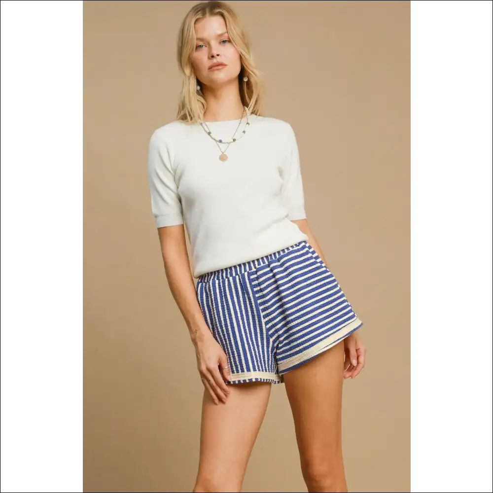 Umgee Trendy Striped Elastic Waist Shorts with Pockets - on Sale Worldwide Shipping
