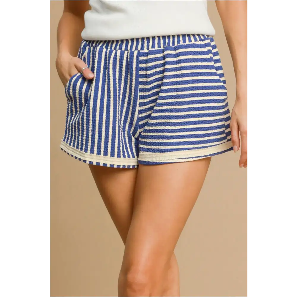 Umgee Trendy Striped Elastic Waist Shorts with Pockets - on Sale Worldwide Shipping