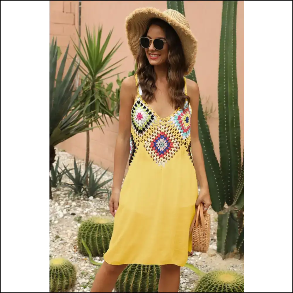 Unleash your Inner Diva with our Chic Geometric V-neck Cover Up Dress! πβ¨ - Yellow / one Size - Cover-ups Swimwear on Sale Worldwide