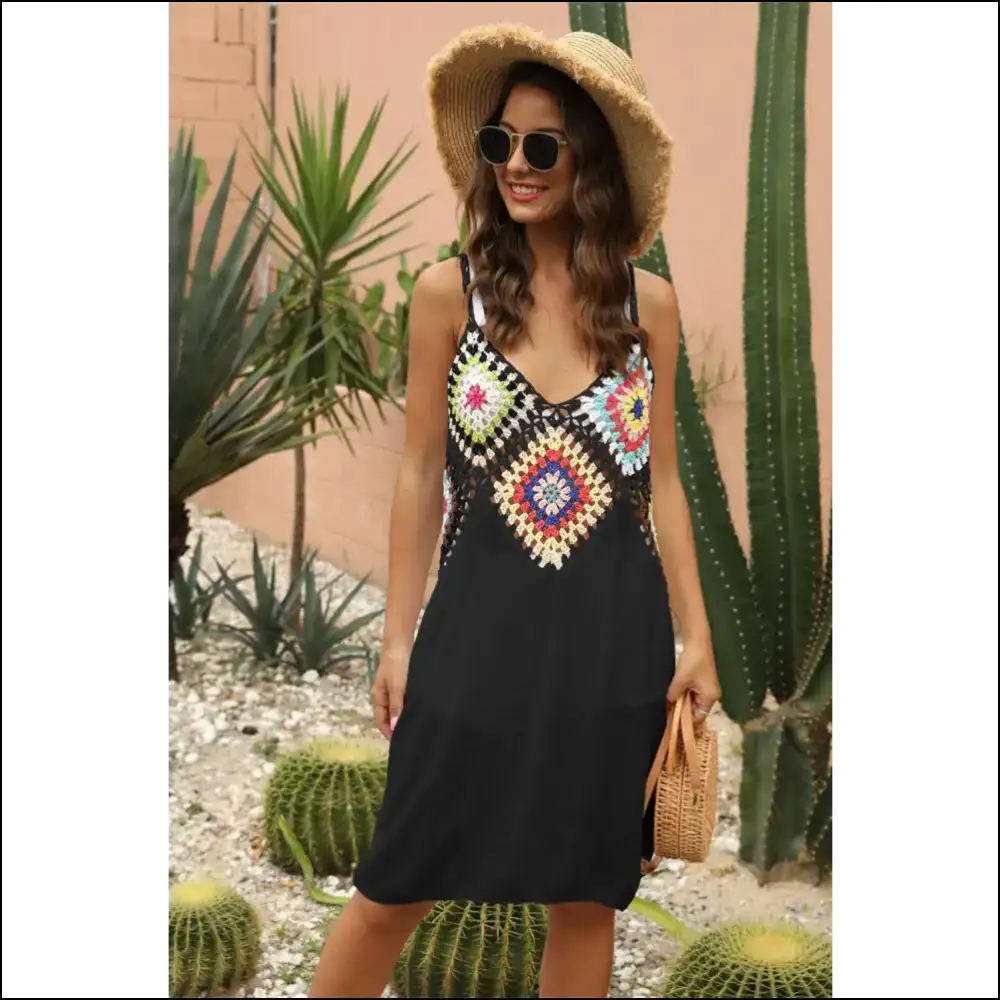 Unleash your Inner Diva with our Chic Geometric V-neck Cover Up Dress! πβ¨ - Black / one Size - Cover-ups Swimwear on Sale Worldwide Shipping