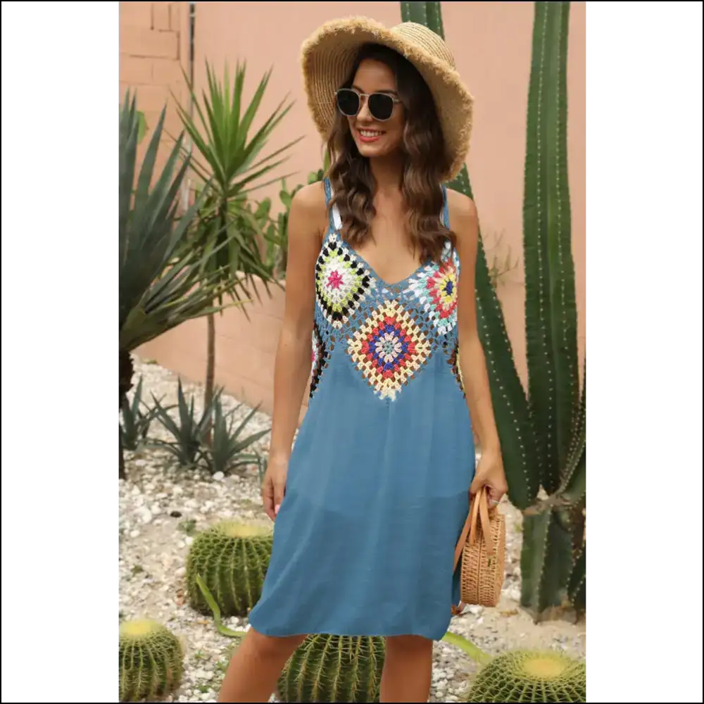 Unleash your Inner Diva with our Chic Geometric V-neck Cover Up Dress! πβ¨ - Sky Blue / one Size - Cover-ups Swimwear on Sale Worldwide