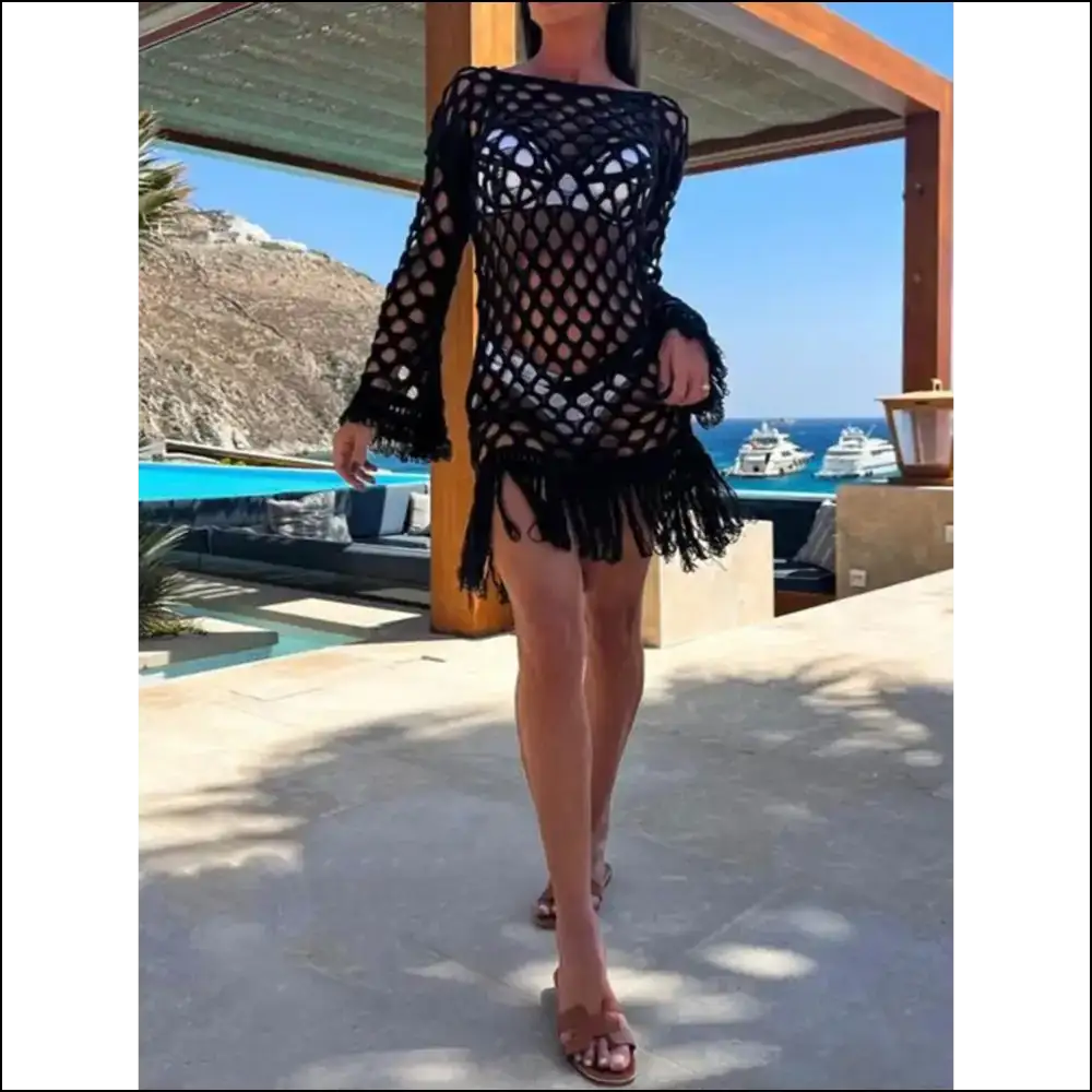 Unleash your Inner Diva with our Fringe Cutout Long Sleeve Magic!✨💃 - Cover-ups Swimwear on Sale Worldwide Shipping