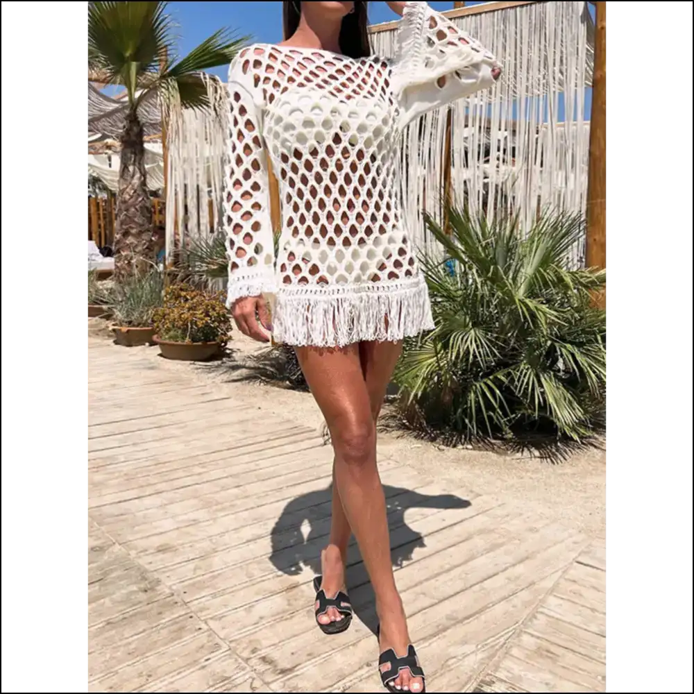 Unleash your Inner Diva with our Fringe Cutout Long Sleeve Magic!✨💃 - Cover-ups Swimwear on Sale Worldwide Shipping