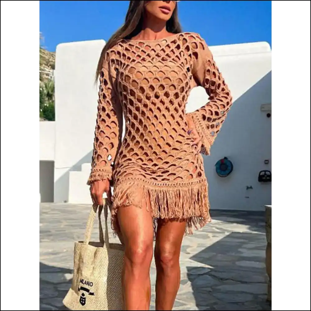 Unleash your Inner Diva with our Fringe Cutout Long Sleeve Magic!✨💃 - Caramel / l - Cover-ups Swimwear on Sale Worldwide Shipping