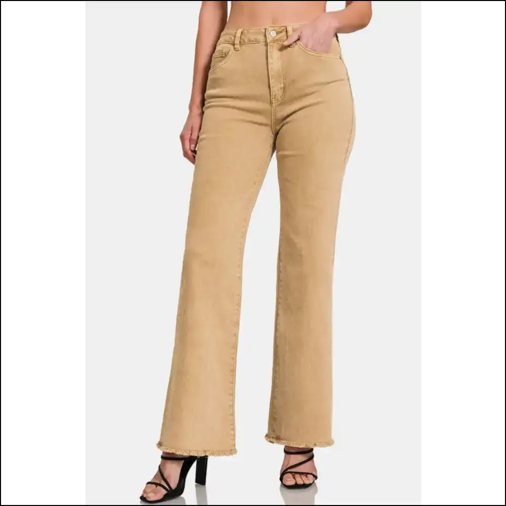 Unleash your Inner Fashion Rebel with Zenana Acid Frayed Hem Bootcuts! ๐ - Camel / s - Jeans on Sale Worldwide Shipping