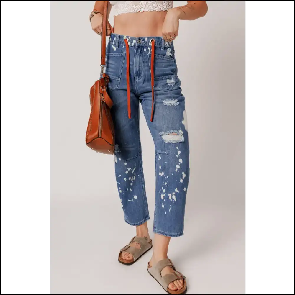 Unleash your Inner Picasso in Distressed Splattering Paint Cropped Jeans! 🎨 - Medium / 16 - Jeans on Sale Worldwide Shipping