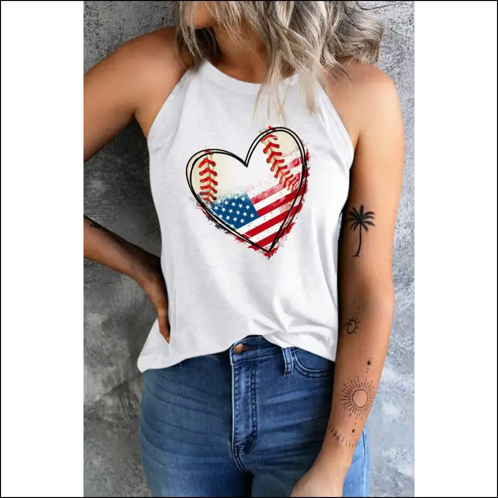 Us Flag Heart Graphic Tank - Feel the Freedom! - White / l - Tops on Sale Worldwide Shipping
