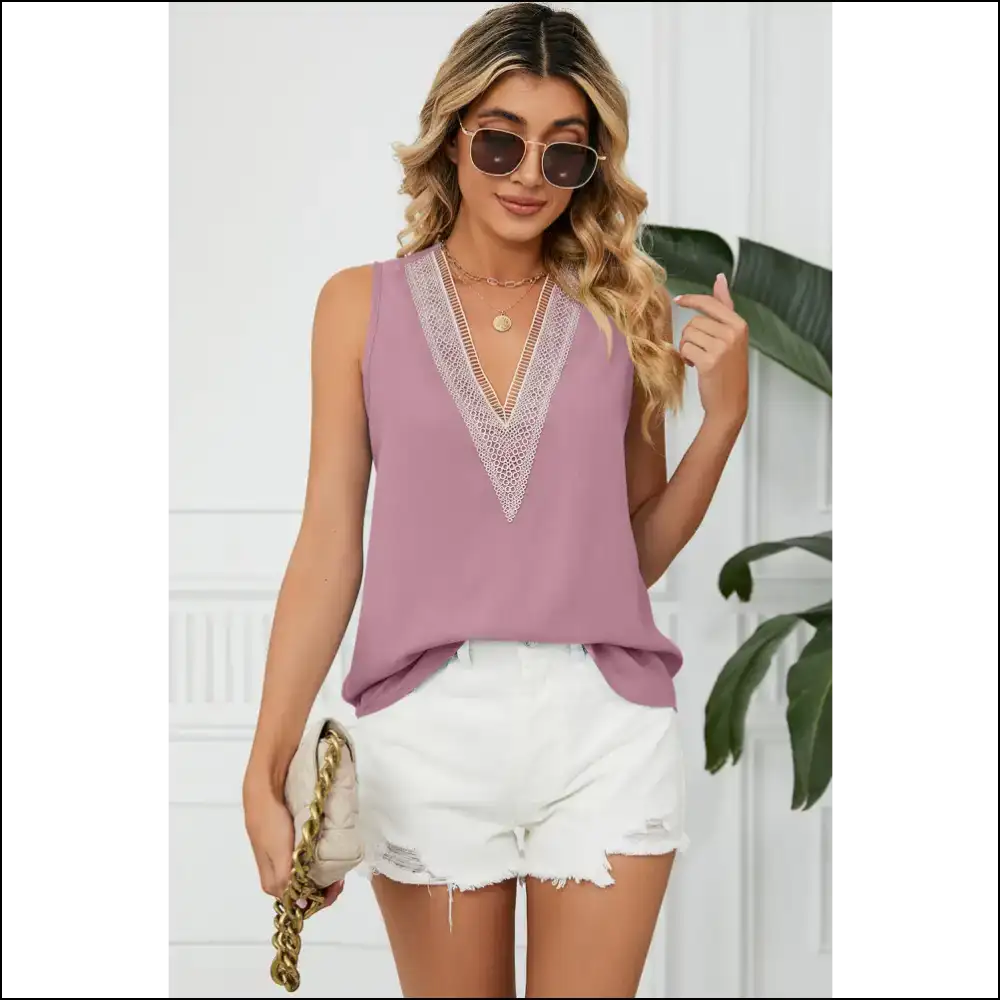 V-neck Wide Strap Tank - Effortless Chic - Dusty Pink / s - Tops on Sale Worldwide Shipping