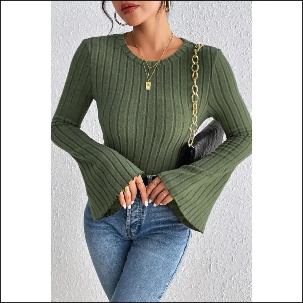 Vineyard Green Ribbed Bell Sleeve: Wine not Dress Like this ? 🍷 Needful Things - s - Long Sleeve Tops Shirts & on Sale Worldwide Shipping