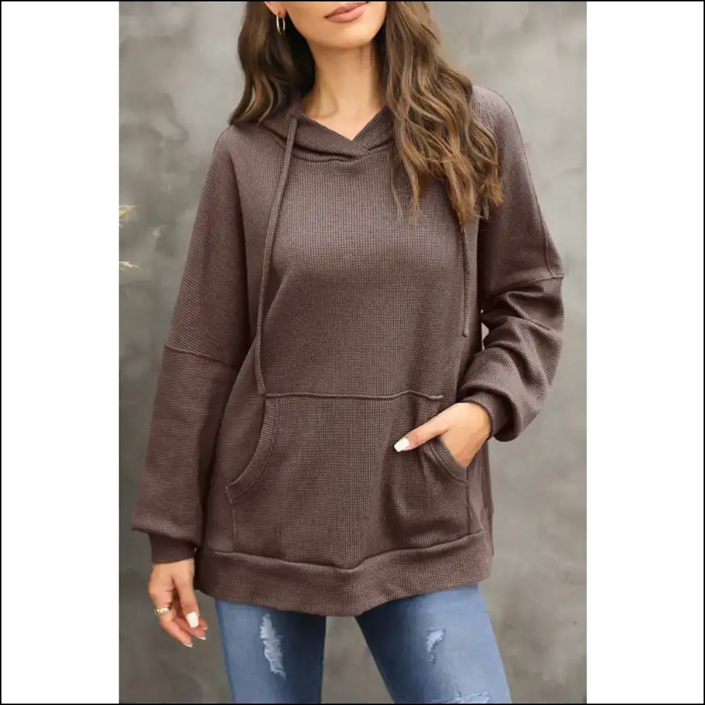 Waffle-knit Long Sleeve Hoodie - Cozy Chic Vibes - Brown / s - Sweatshirts & Hoodies on Sale Worldwide Shipping
