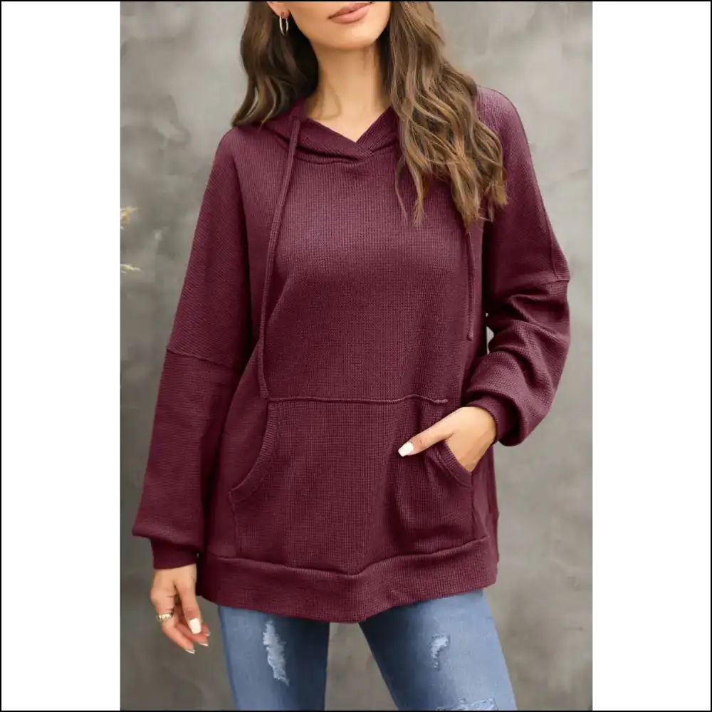 Waffle-knit Long Sleeve Hoodie - Cozy Chic Vibes - Burgundy / s - Sweatshirts & Hoodies on Sale Worldwide Shipping