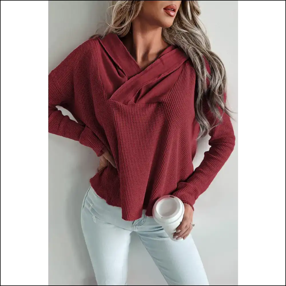 Waffle Knit Long Sleeve Hoodie - Cozy Chic Vibes - Burgundy / Xl - Hoodies Sweatshirts & on Sale Worldwide Shipping