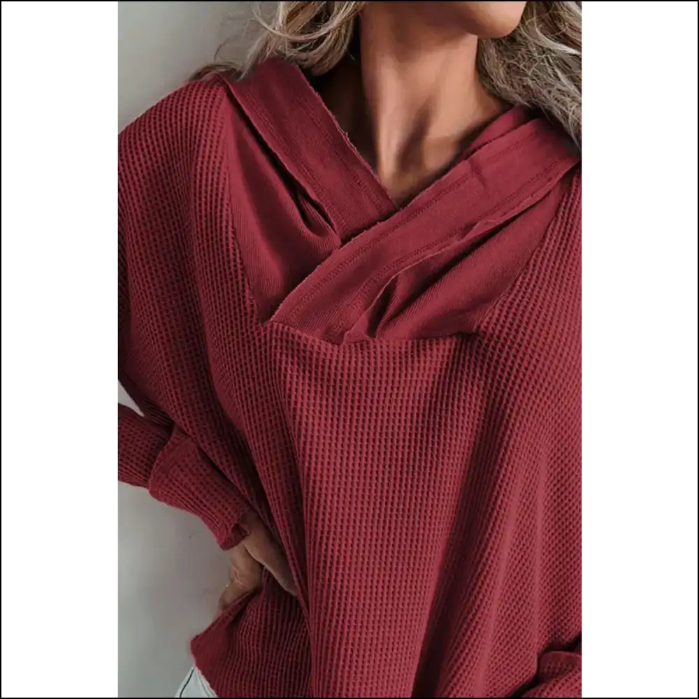 Waffle Knit Long Sleeve Hoodie - Cozy Chic Vibes - Hoodies Sweatshirts & on Sale Worldwide Shipping
