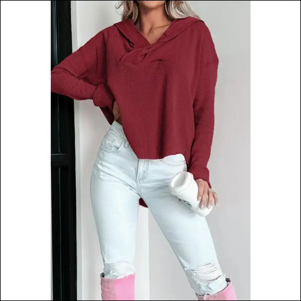 Waffle Knit Long Sleeve Hoodie - Cozy Chic Vibes - Hoodies Sweatshirts & on Sale Worldwide Shipping