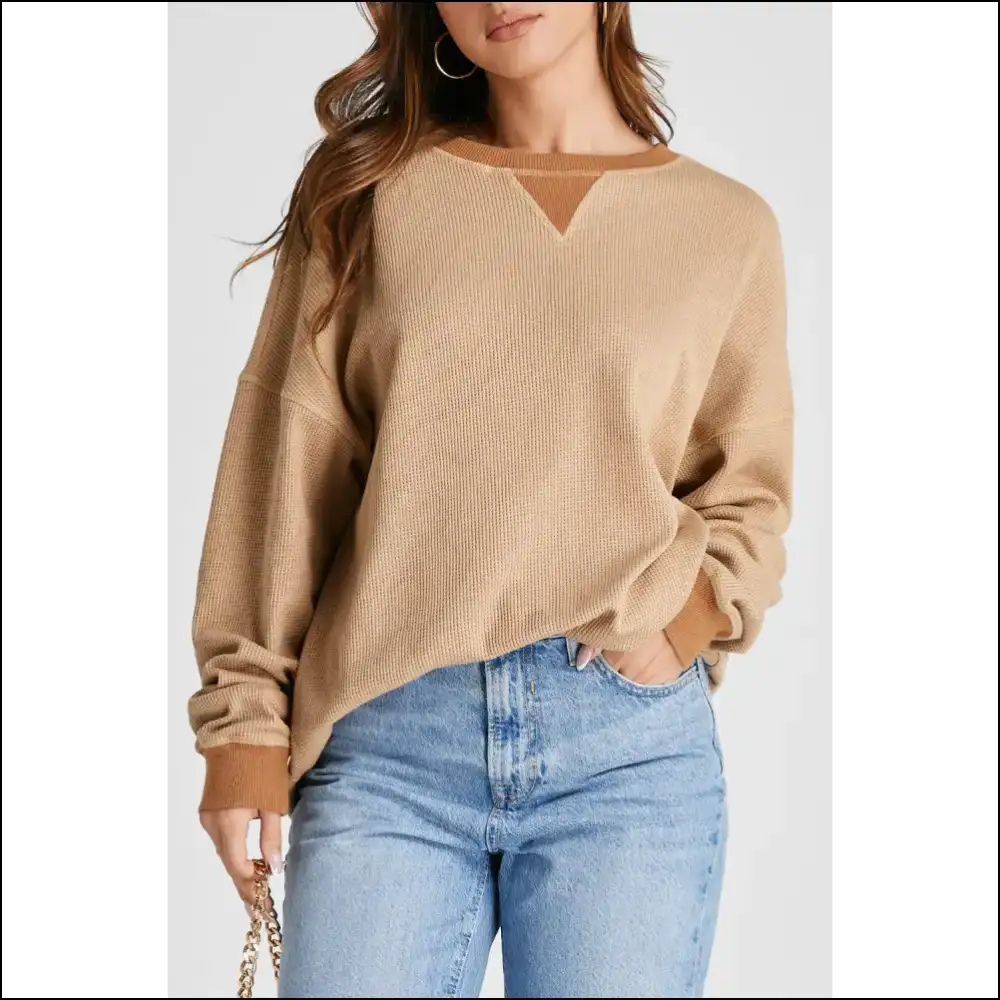 Waffle-knit Long Sleeve Sweatshirt: Perfect for Couch Potatoes & Coffee Dates ? - Tan / s - Sweatshirts Hoodies on Sale Worldwide Shipping