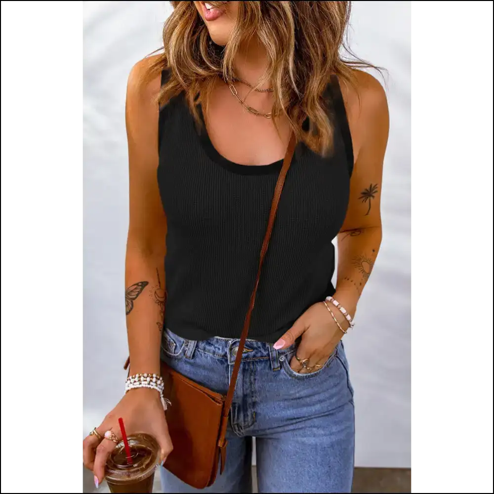 Waffle-knit Scoop Neck Tank Top - Everyday Chic - Black / s - Tops on Sale Worldwide Shipping