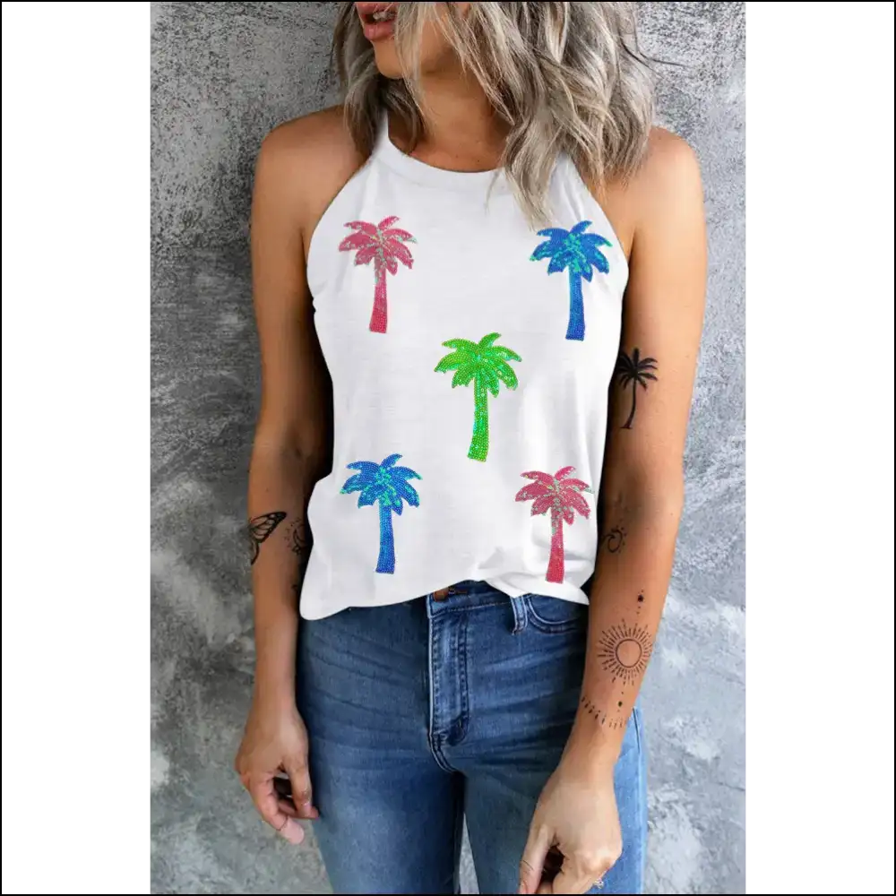 When Life Gives you Lemons Wear a Sequin Coconut Tree Tank! 🌴✨ - White / s - Tank Tops on Sale Worldwide Shipping