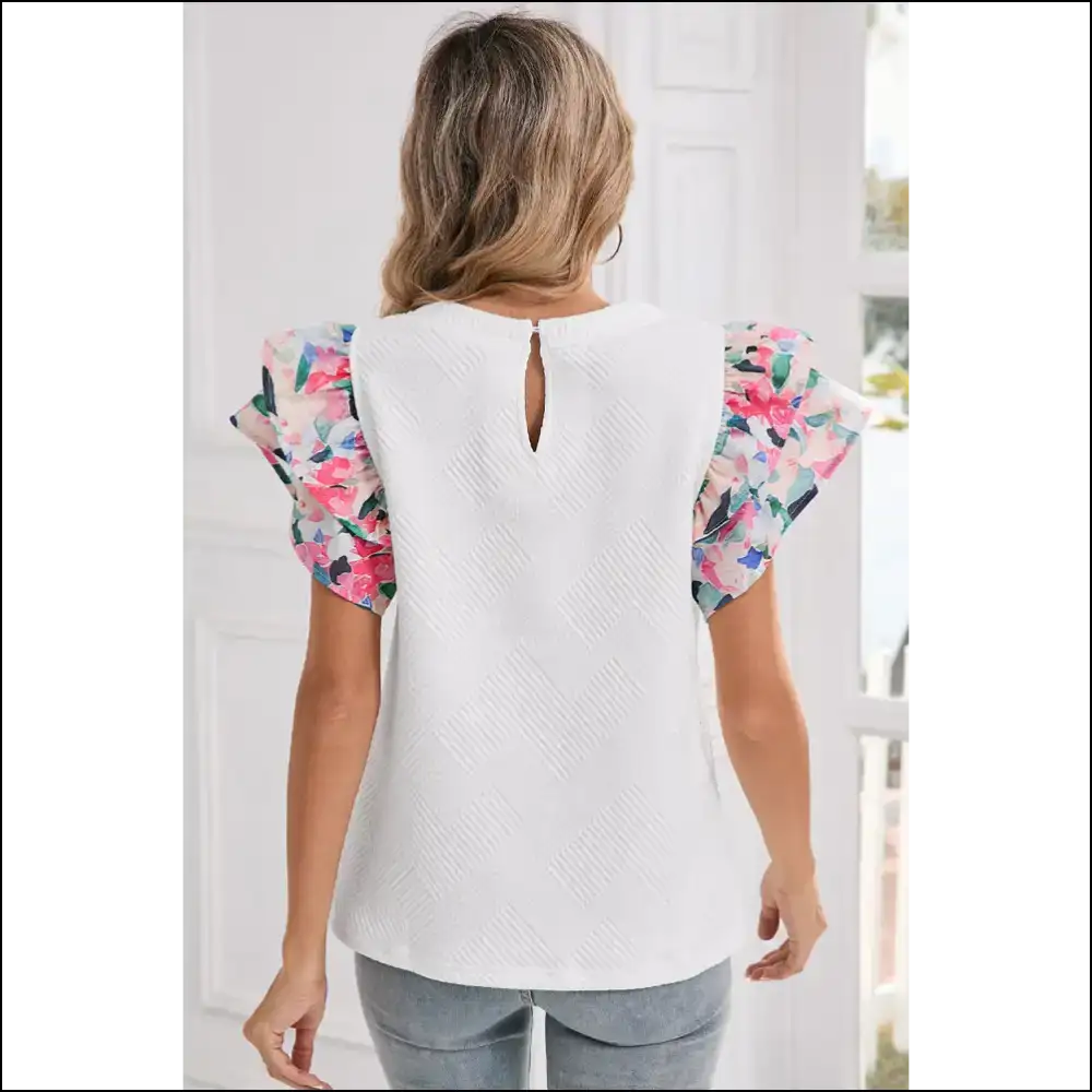 White Abstract Print Ruffle Top Confidence Booster - Blouses on Sale Worldwide Shipping