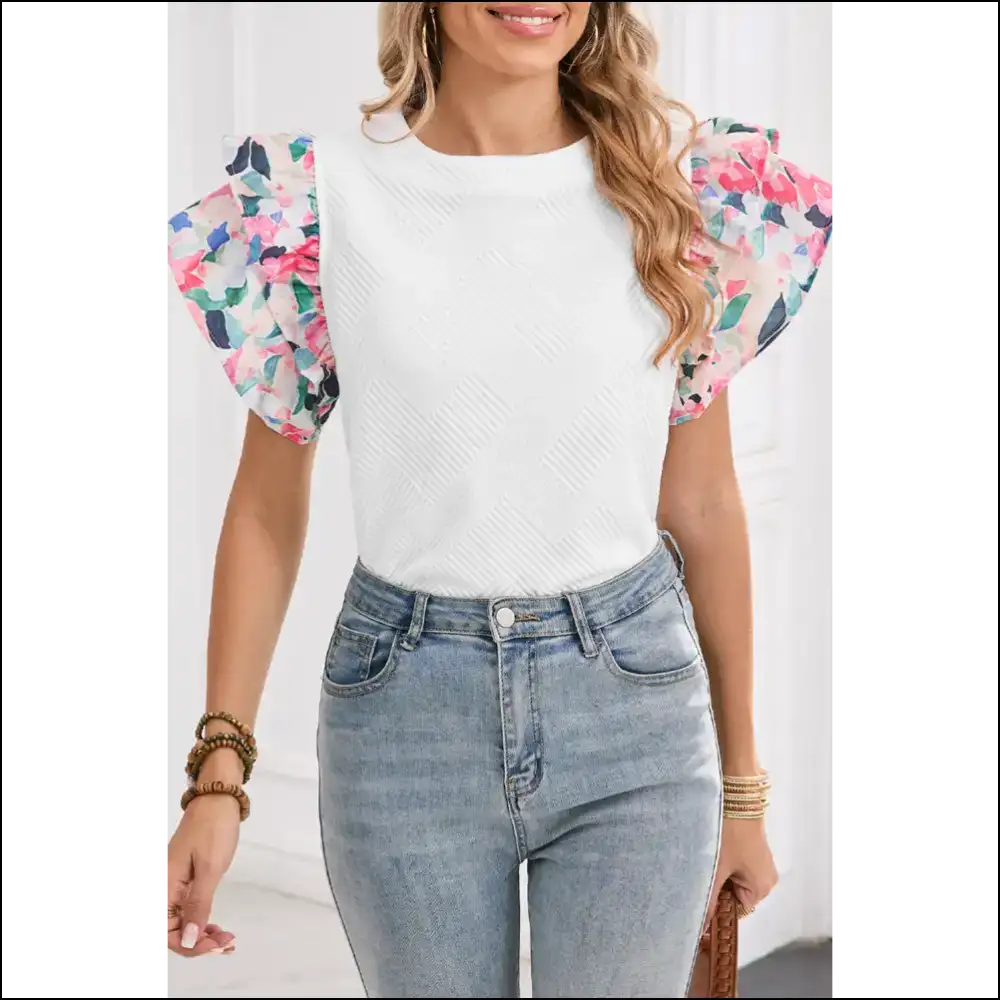 White Abstract Print Ruffle Top Confidence Booster - s - Blouses on Sale Worldwide Shipping