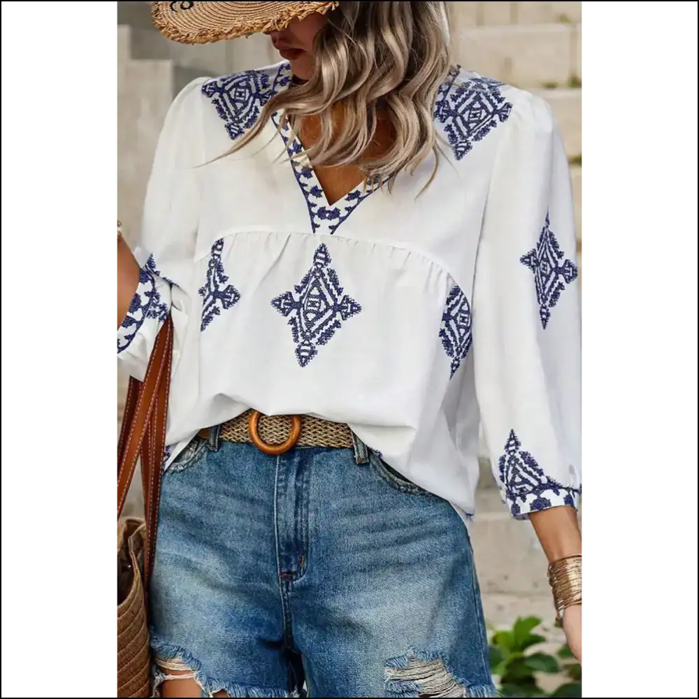 White Boho Geometric Print Blouse: so Chic it Hurts 💀 Needful Things - Blouses on Sale Worldwide Shipping