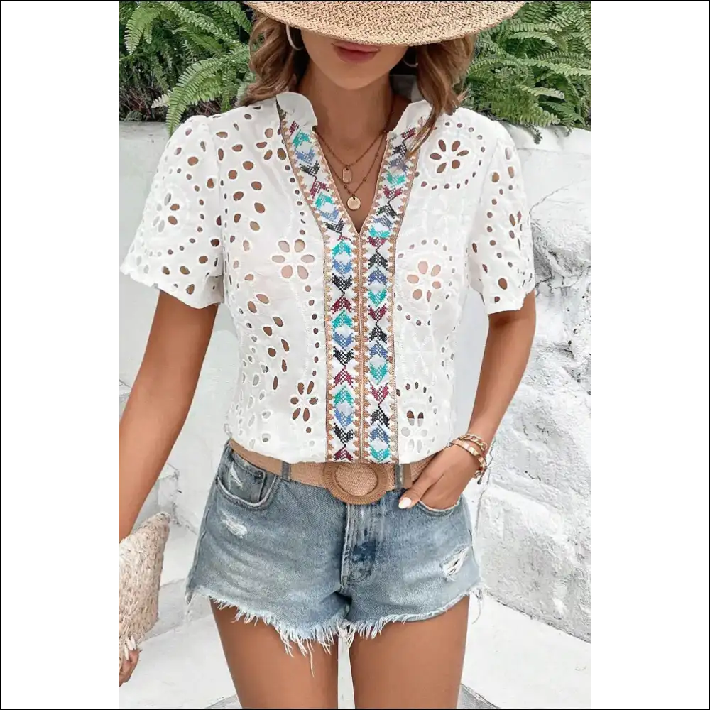 White Boho Geometric v Neck: so Comfy You’ll Live in It! 😇 Needful Things - Blouses on Sale Worldwide Shipping