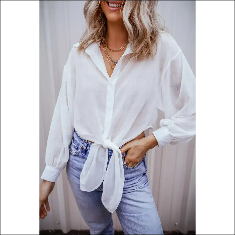 White Knotted Sheer Shirt: Breezy Hide the Nips! Needful Things. ๐ - s - Long Sleeve Tops Shirts & on Sale Worldwide Shipping
