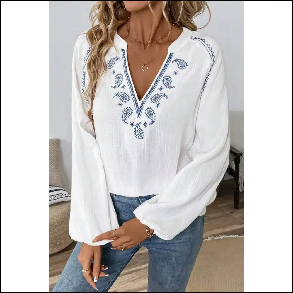 White Paisley Embroidered Blouse Instant Boho Goddess - Blouses on Sale Worldwide Shipping