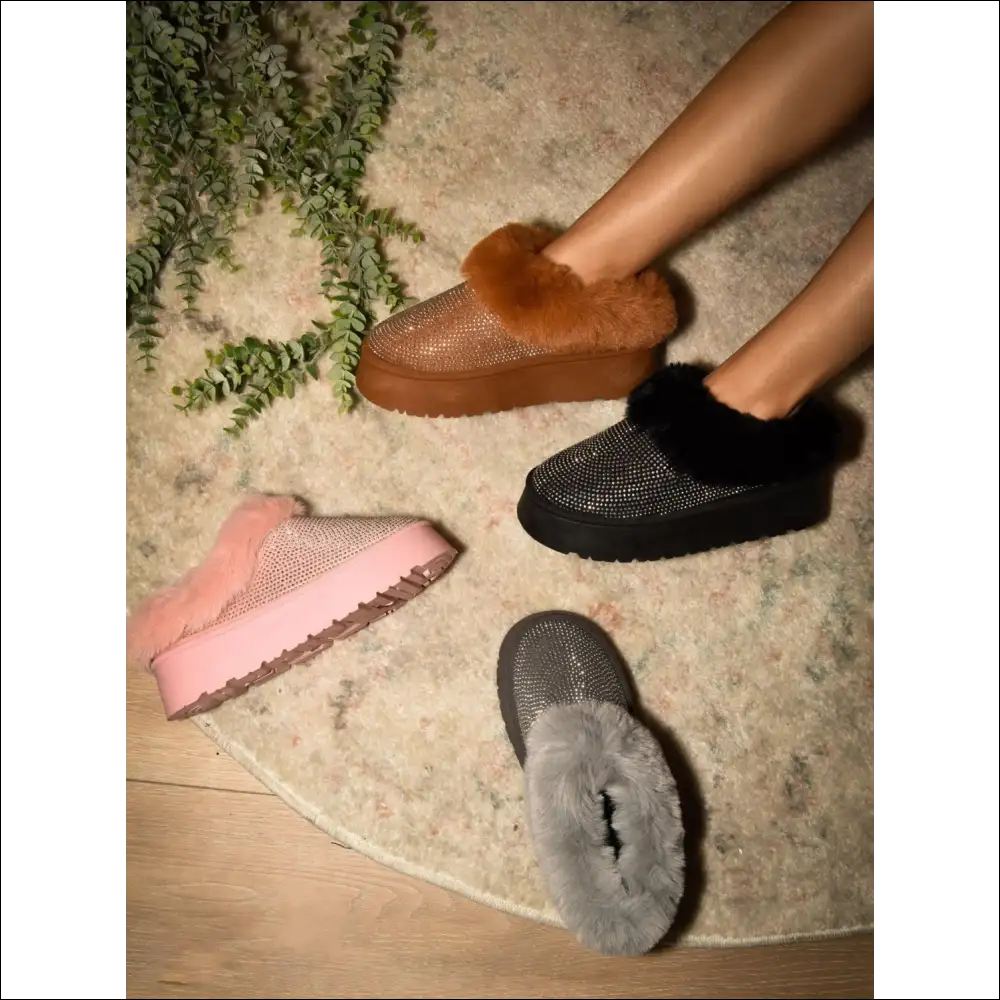 Wild Diva Embellished Faux Fur Platform Booties - Boots on Sale Worldwide Shipping