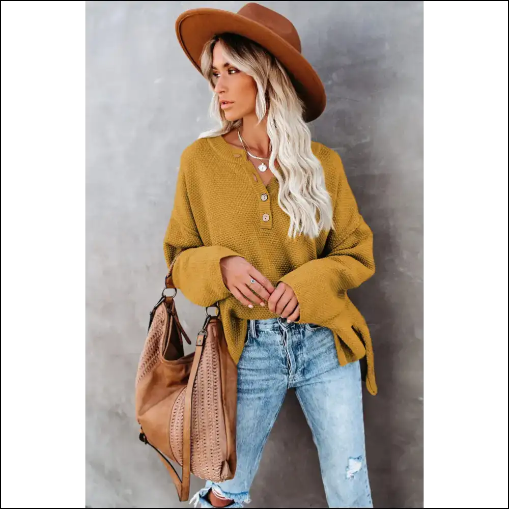 Yellow Drop Shoulder Henley: so Cozy It’s! (needful Things) 💛 - Sweaters on Sale Worldwide Shipping