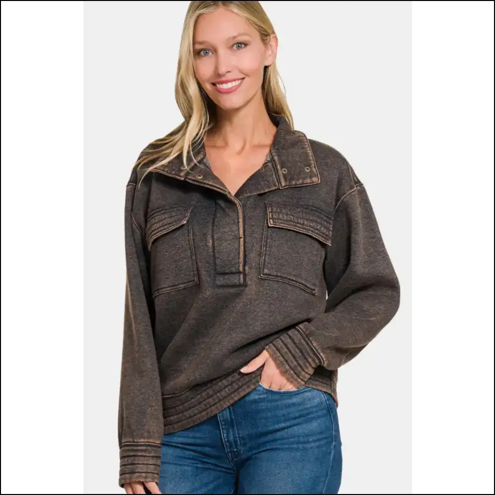 Zenana Acid Washed Half Snap Fleece Sweatshirt - Black / s - Sweatshirts & Hoodies on Sale Worldwide Shipping