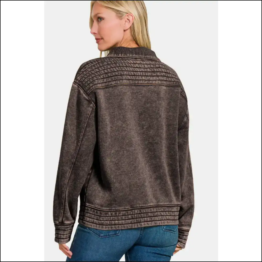 Zenana Acid Washed Half Snap Fleece Sweatshirt - Sweatshirts & Hoodies on Sale Worldwide Shipping