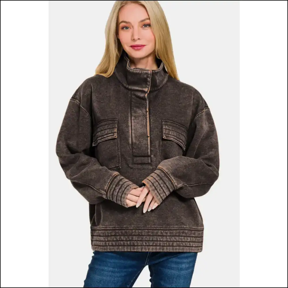 Zenana Acid Washed Half Snap Fleece Sweatshirt - Sweatshirts & Hoodies on Sale Worldwide Shipping