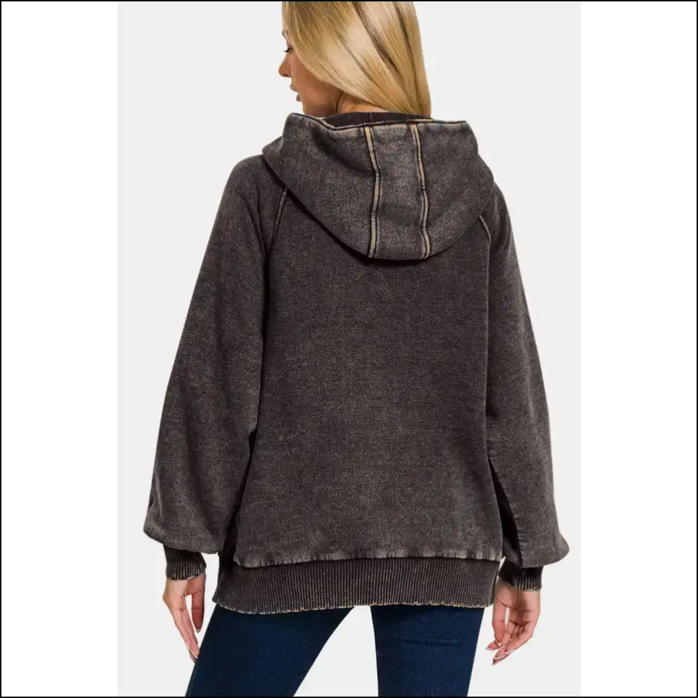 Zenana Cozy Acid Wash Fleece Kangaroo Hoodie - Hoodies Sweatshirts & on Sale Worldwide Shipping