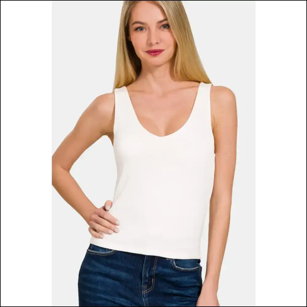 Zenana Double Layer v Neck Tank - Effortless Elegance - White / s - Tops on Sale Worldwide Shipping